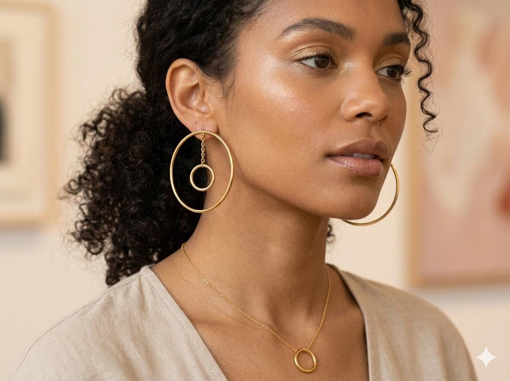 Gold Plated Double Circle Hoop Earrings, Geometric Dangle Earrings