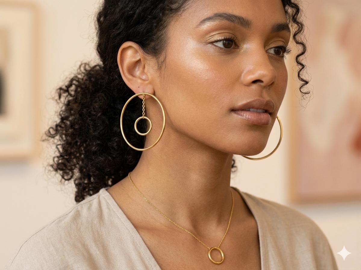 Gold Plated Double Circle Hoop Earrings, Geometric Dangle Earrings