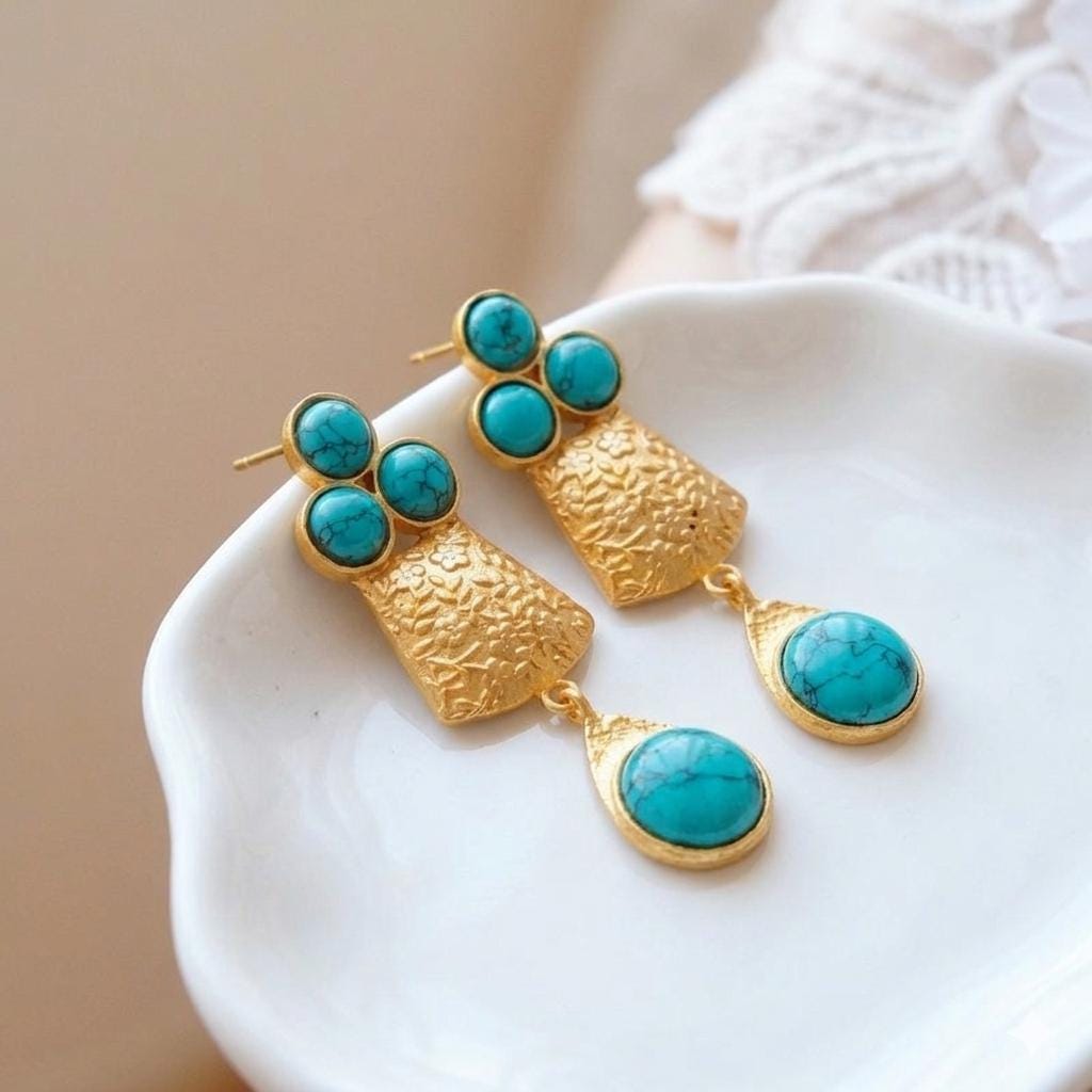 Blue Howlite Daisy Earrings, Gold Plated Geometric Dangle Earrings, Statement Floral Jewelry