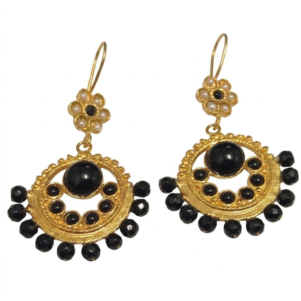 Gold Plated Chandelier Earrings with Black Agate and Pearl – Ottoman Style Dangle Hypoallergenic Brass