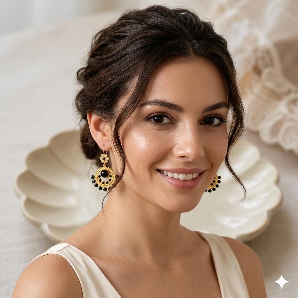 Gold Plated Chandelier Earrings with Black Agate and Pearl – Ottoman Style Dangle Hypoallergenic Brass