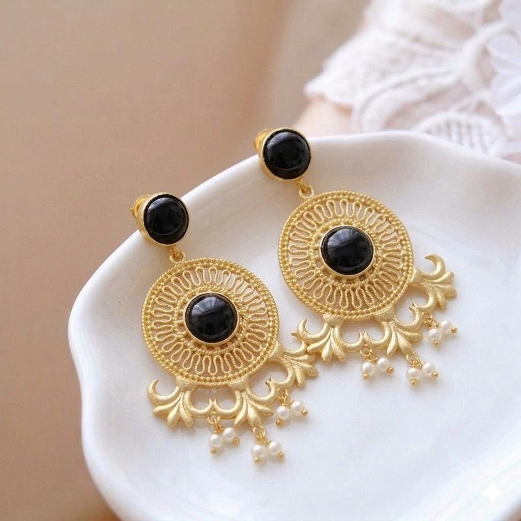 Gold Filigree Lotus Earrings with Black Onyx | Elegant Statement Pearl Jewelry | Gift for Her