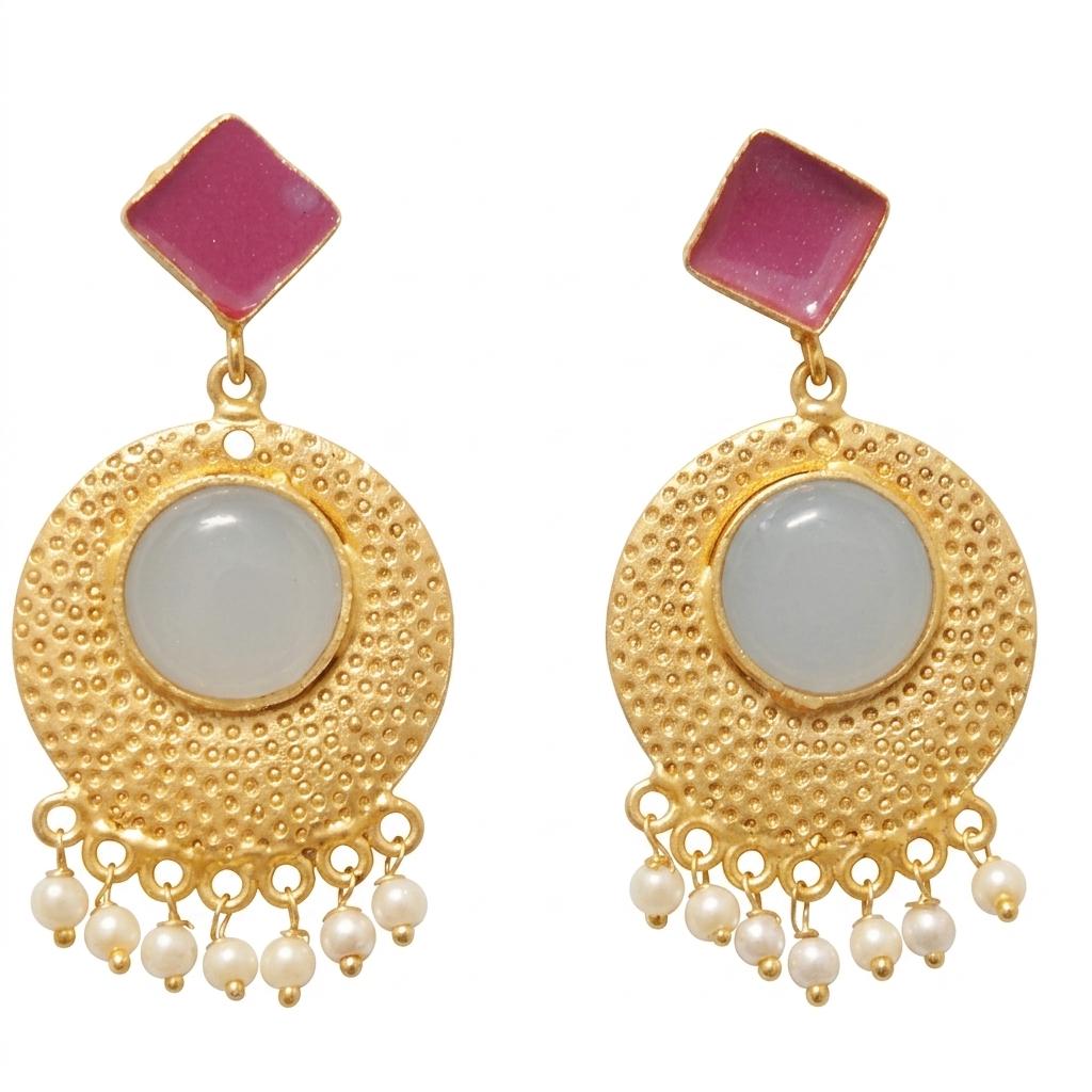 Gold Plated Chandelier Agate Earrings, Art Deco Enamel, Boho Ethnic Drop, Seed Pearl Fringe