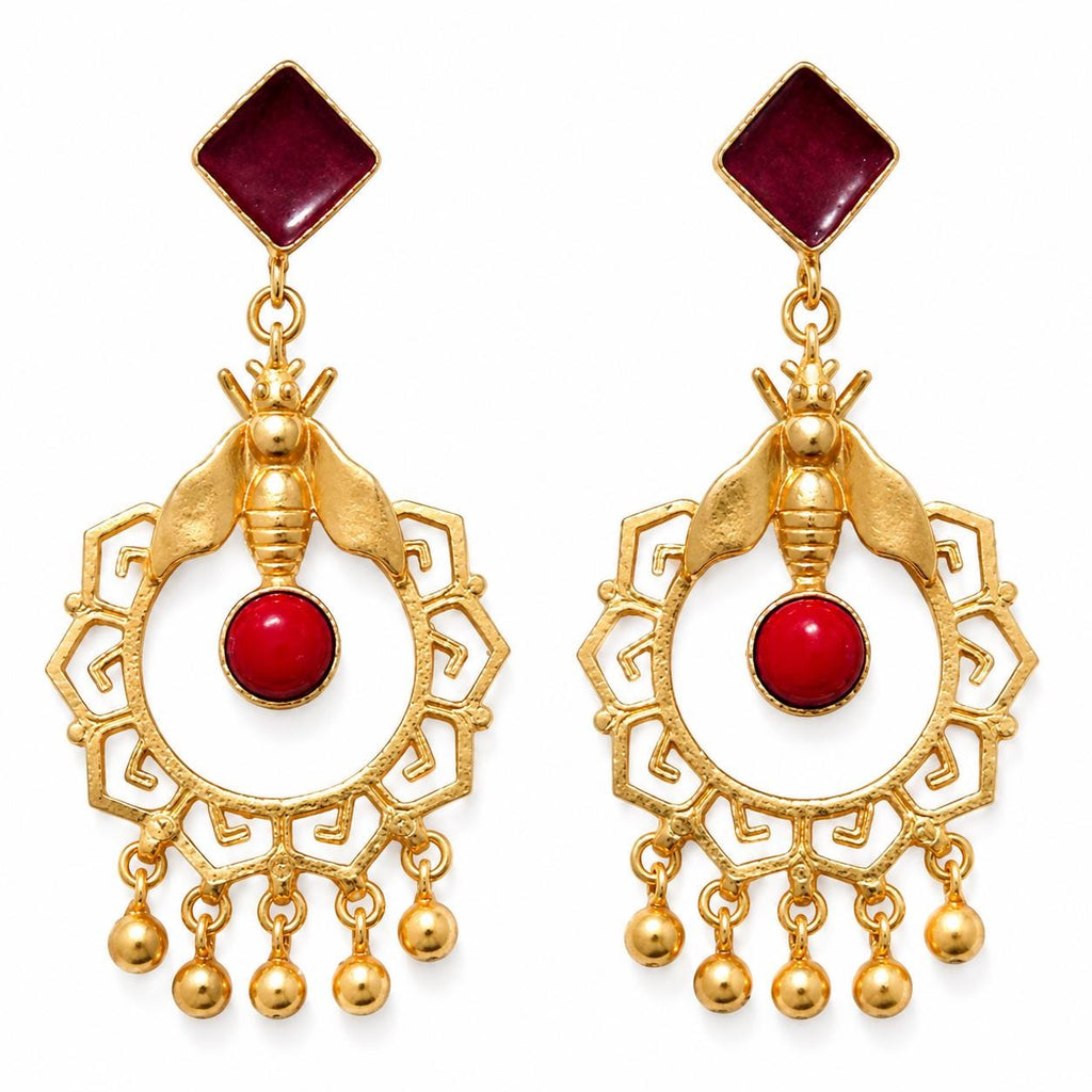 Exquisite Art Deco Bee Earrings with Coral Dangles & Enamel Chandelier Jewelry