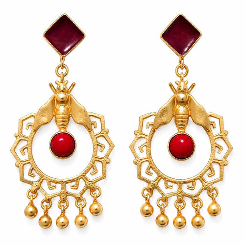 Exquisite Art Deco Bee Earrings with Coral Dangles & Enamel Chandelier Jewelry