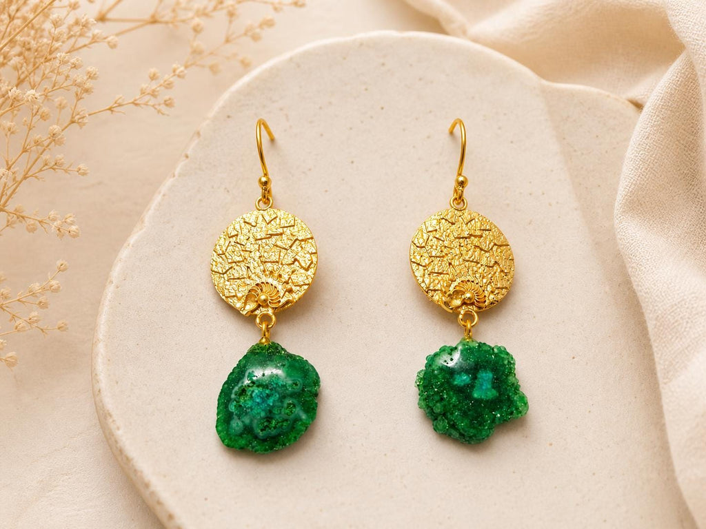 Green Solar Quartz Dangle Earrings – Hammered Gold Plated Brass, Tribal Style