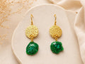 Green Solar Quartz Dangle Earrings – Hammered Gold Plated Brass, Tribal Style