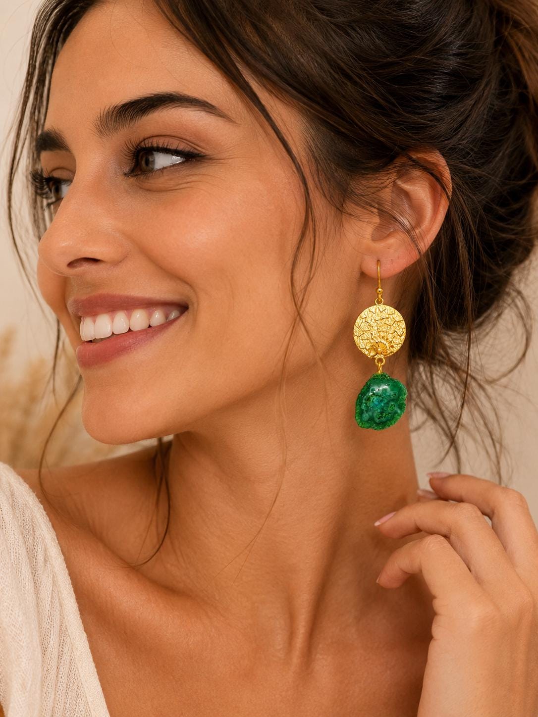 Green Solar Quartz Dangle Earrings – Hammered Gold Plated Brass, Tribal Style