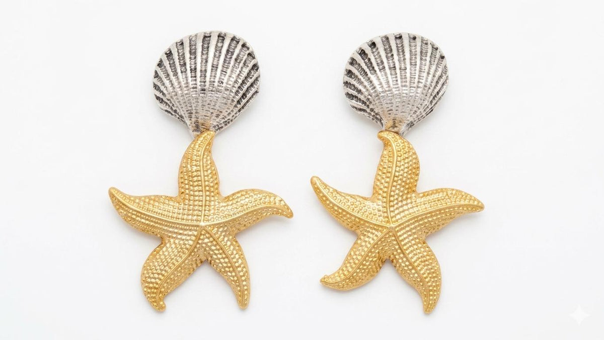 Gold & Silver Seashell Starfish Dangle Earrings, Art Deco