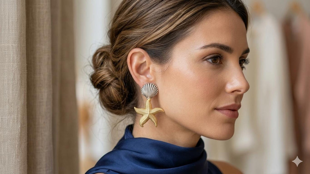 Gold & Silver Seashell Starfish Dangle Earrings, Art Deco