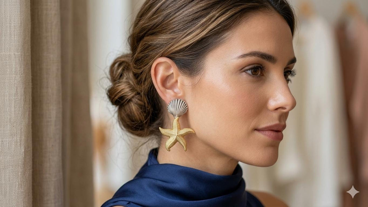 Gold & Silver Seashell Starfish Dangle Earrings, Art Deco