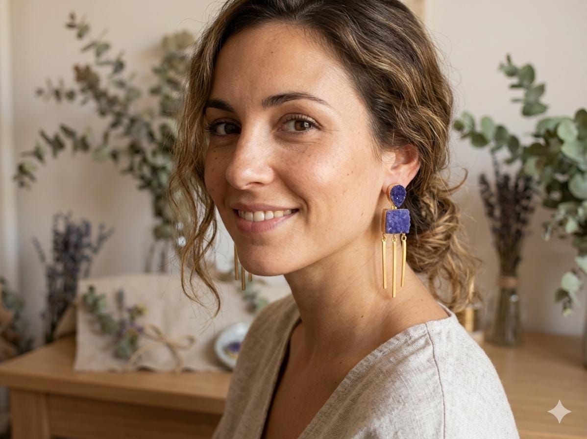 Handcrafted Blue Druzy Brass Tassel Earrings, Gold Plated Stud Dangles - Hypoallergenic