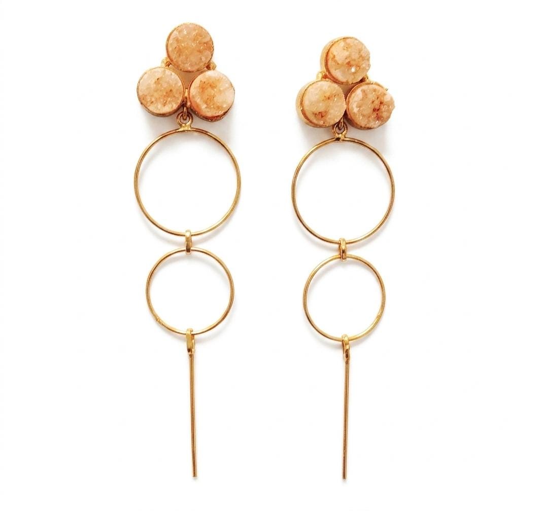 Gold Plated Smoky Druzy Dangle Earrings, Geometric Round Brass