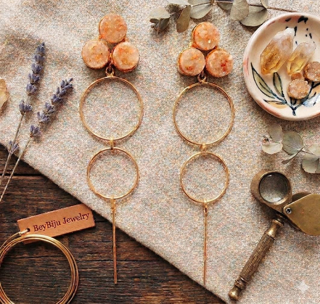 Gold Plated Smoky Druzy Dangle Earrings, Geometric Round Brass