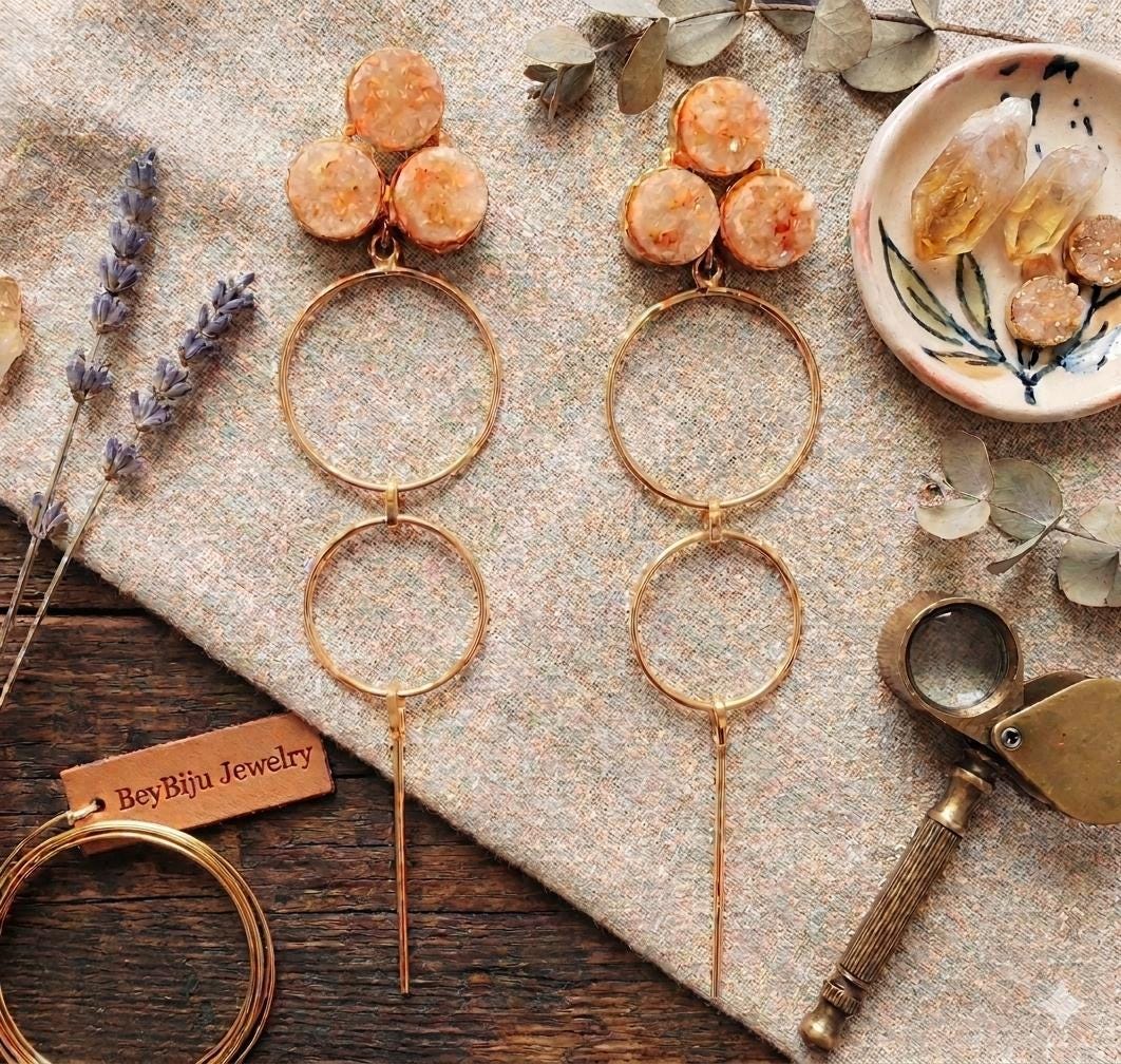 Gold Plated Smoky Druzy Dangle Earrings, Geometric Round Brass