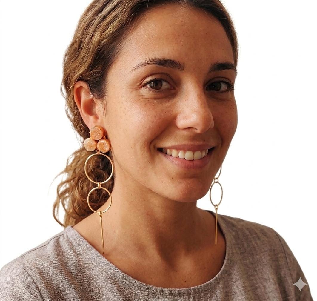 Gold Plated Smoky Druzy Dangle Earrings, Geometric Round Brass