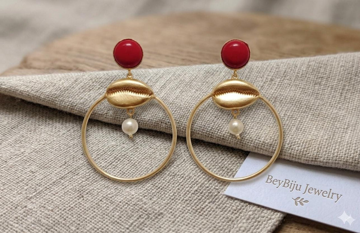 Gemstone Coral Cauri Shell Hoop Dangle Earrings for Daily Life and Special Occasions
