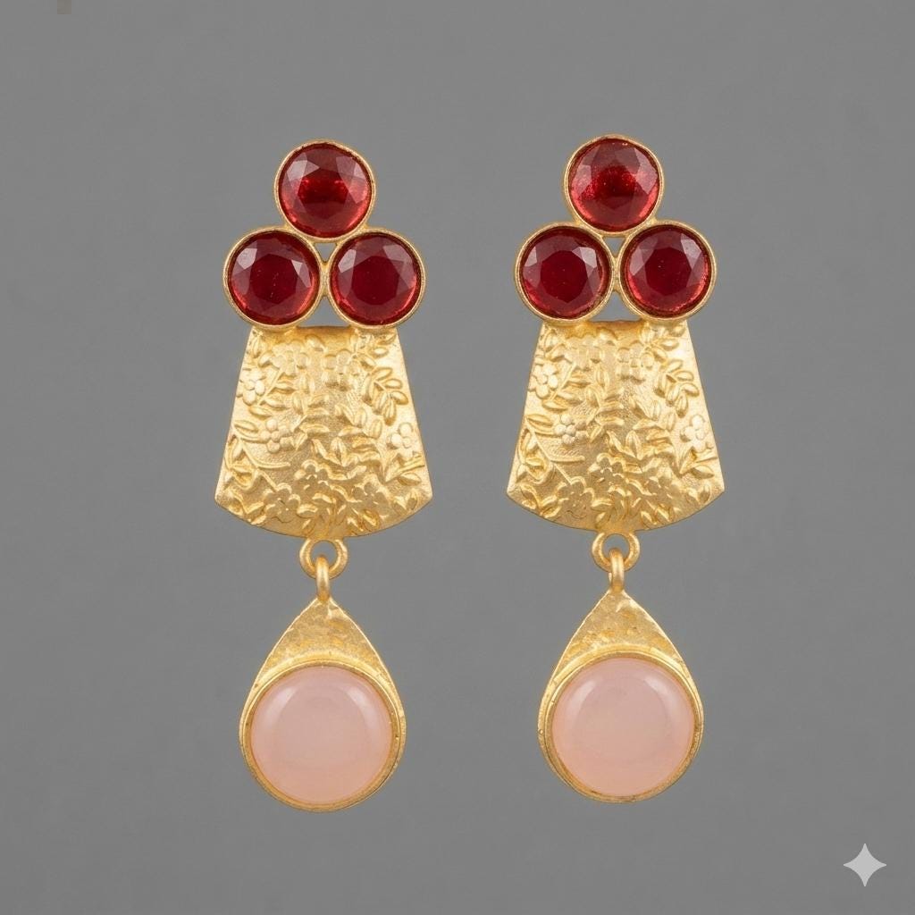 Gold Plated Floral Gemstone Earrings – Rose Quartz, Garnet, Hypoallergenic Design