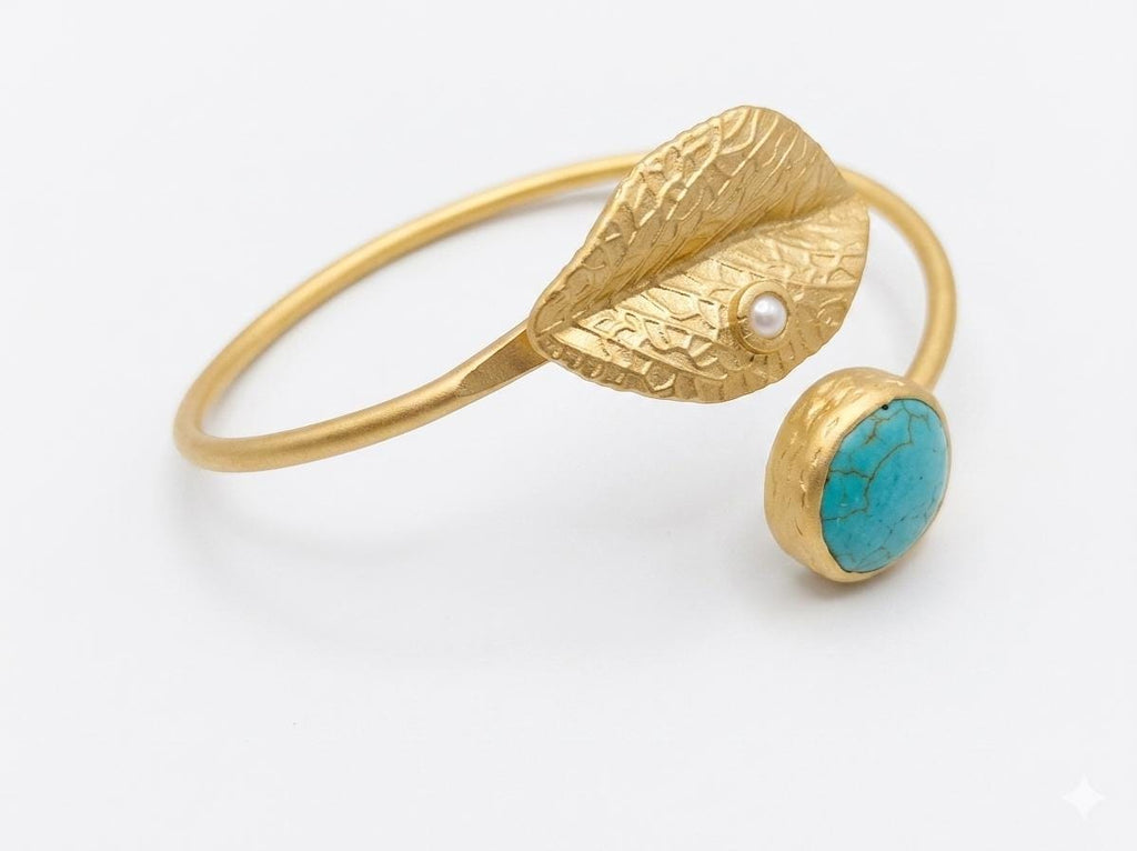 Adjustable Blue Howlite Leaf Bracelet, Gold Plated Brass, Pearl Accents