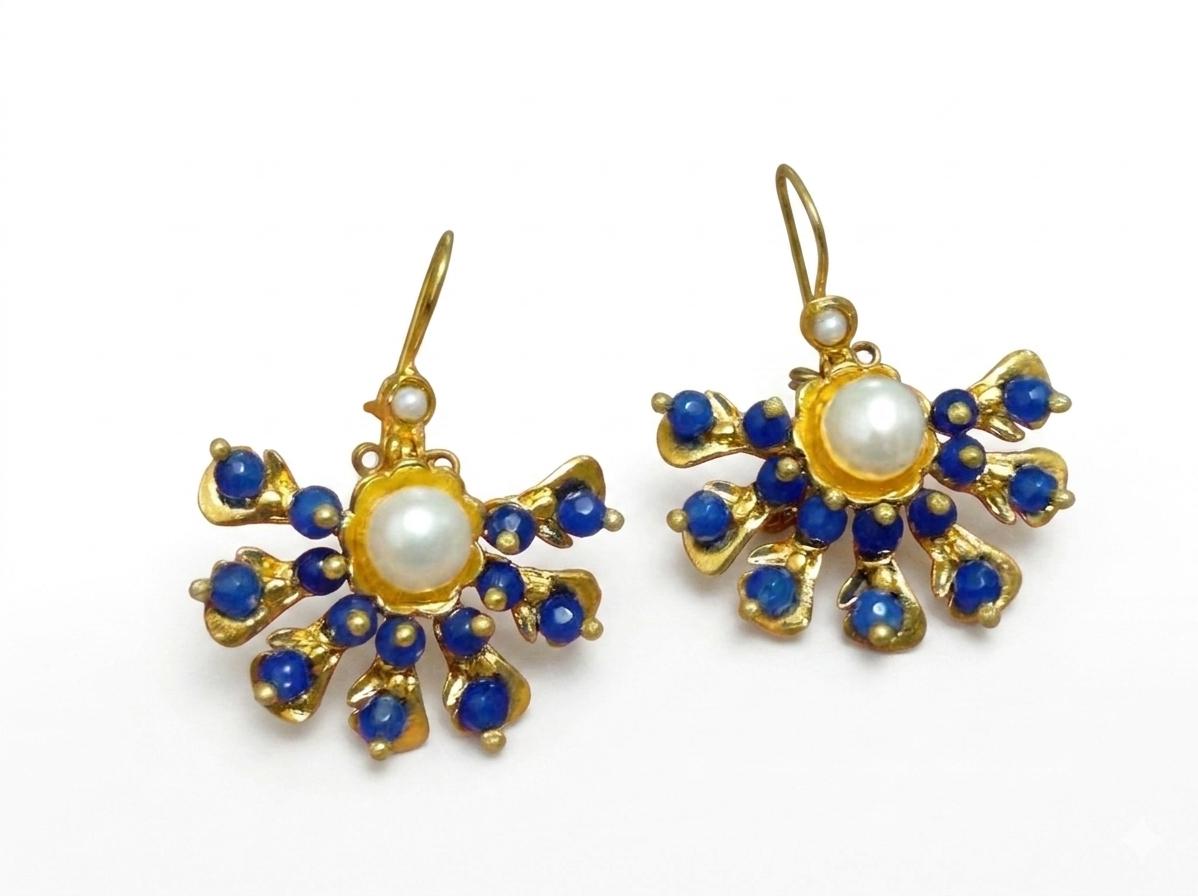 Ottoman Style Blue Agate Chandelier Earrings – Gold Plated Brass Dangle Hypoallergenic