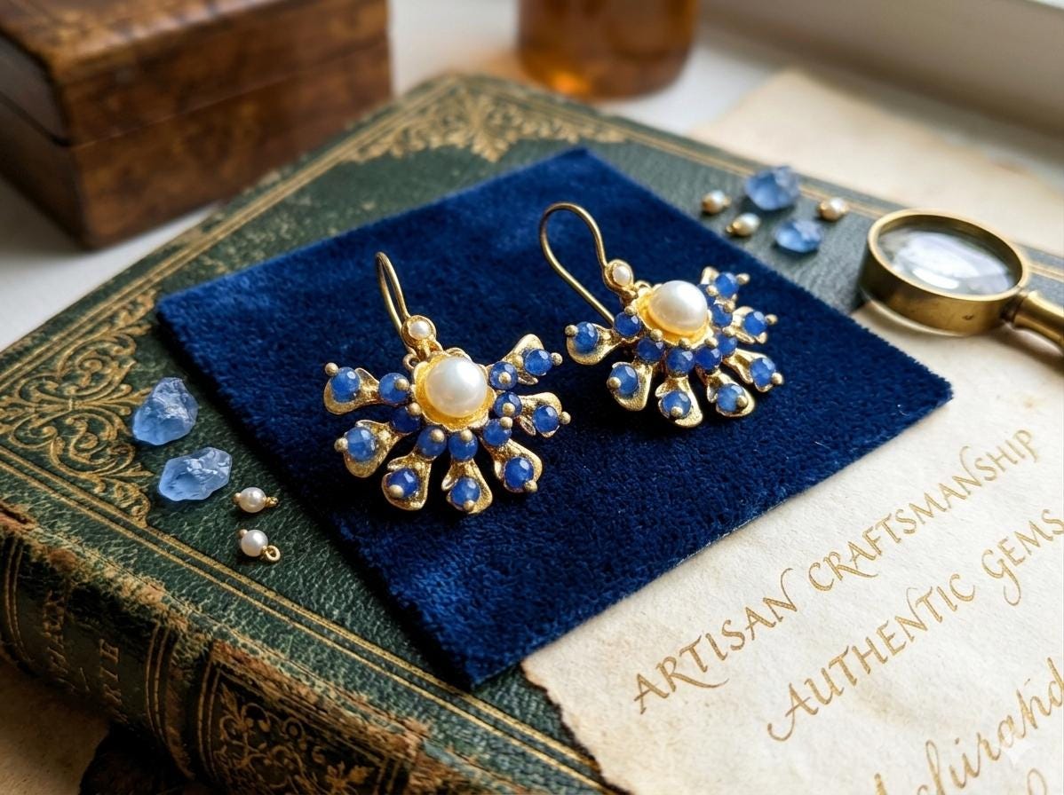 Ottoman Style Blue Agate Chandelier Earrings – Gold Plated Brass Dangle Hypoallergenic