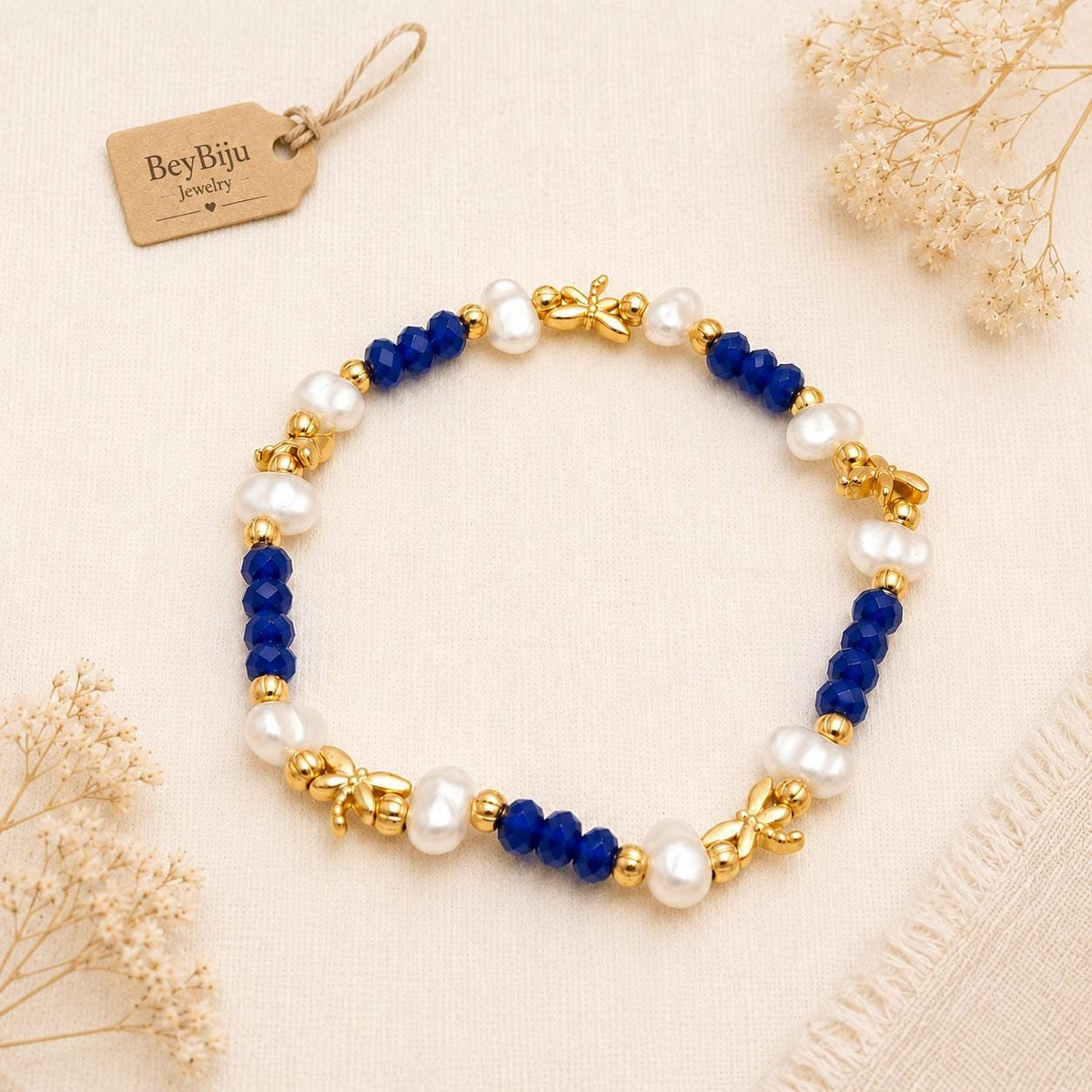 Gold Plated Dragonfly Bracelet, Blue Crystal, Pearl Cuff, Turkish Jewelry