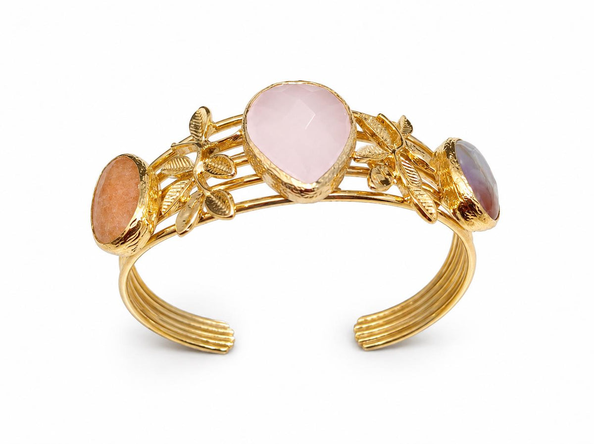 Exquisite Turkish Gold Plated Quartz Bangle with Teardrop & Leaves Design