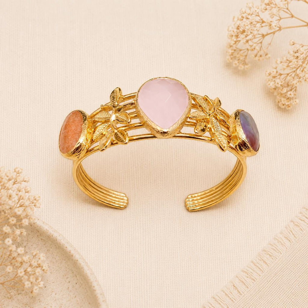 Exquisite Turkish Gold Plated Quartz Bangle with Teardrop & Leaves Design