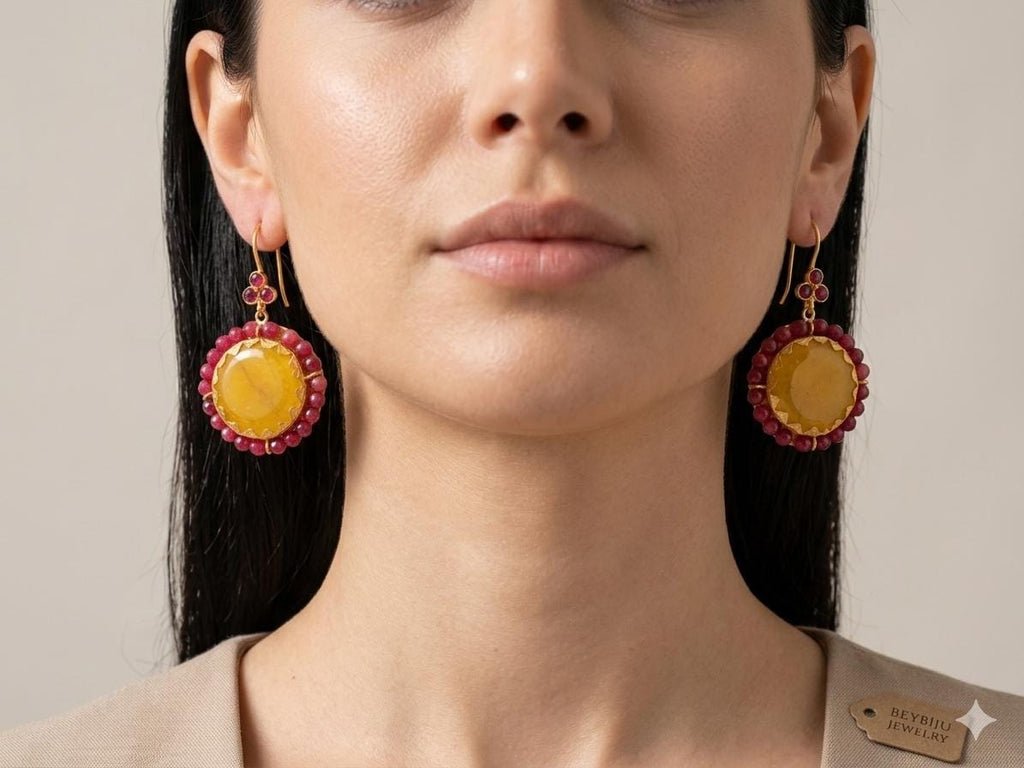 Handmade Jade Hook Dangle Earrings, Bronze Gold Plated, Ottoman Style