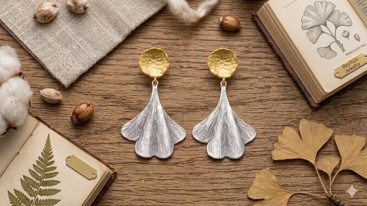 Gold Plated Brass Ginkgo Leaf Earrings, Mixed Metal Dangle Earrings