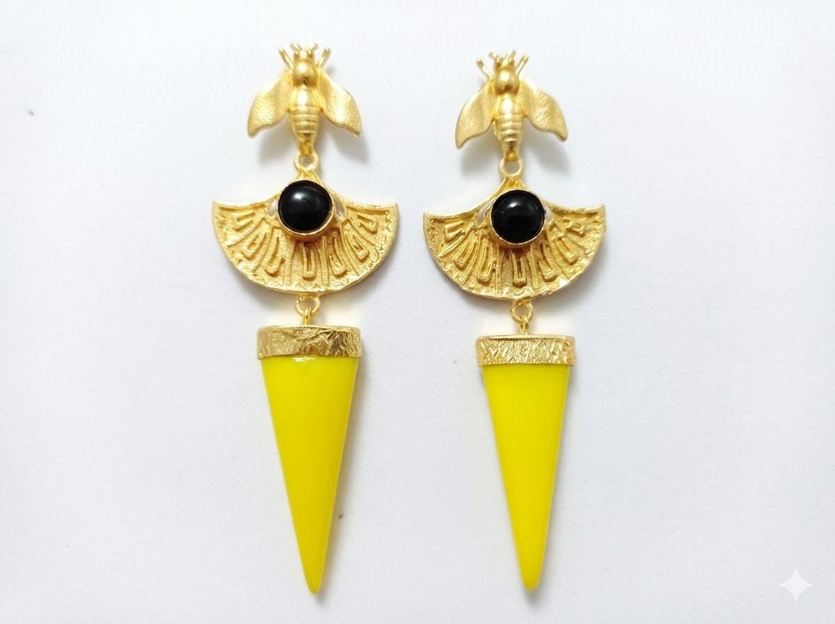 Gold Plated Bee Dangle Earrings, Black Agate & Yellow Stone