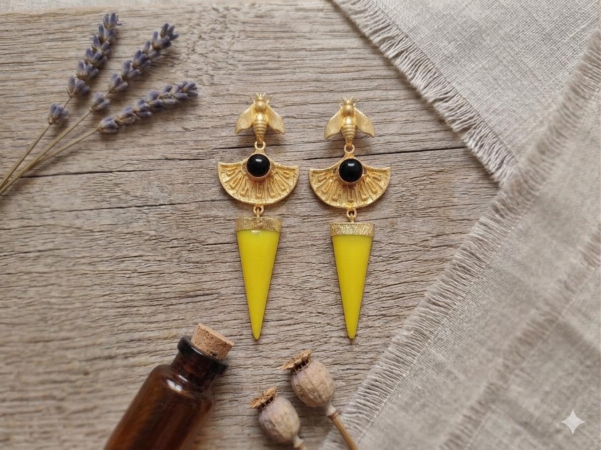 Gold Plated Bee Dangle Earrings, Black Agate & Yellow Stone