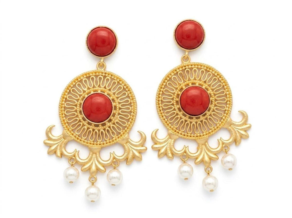 Red Coral Lotus Chandelier Earrings with Tiny Pearls, Geometric Dangle Studs