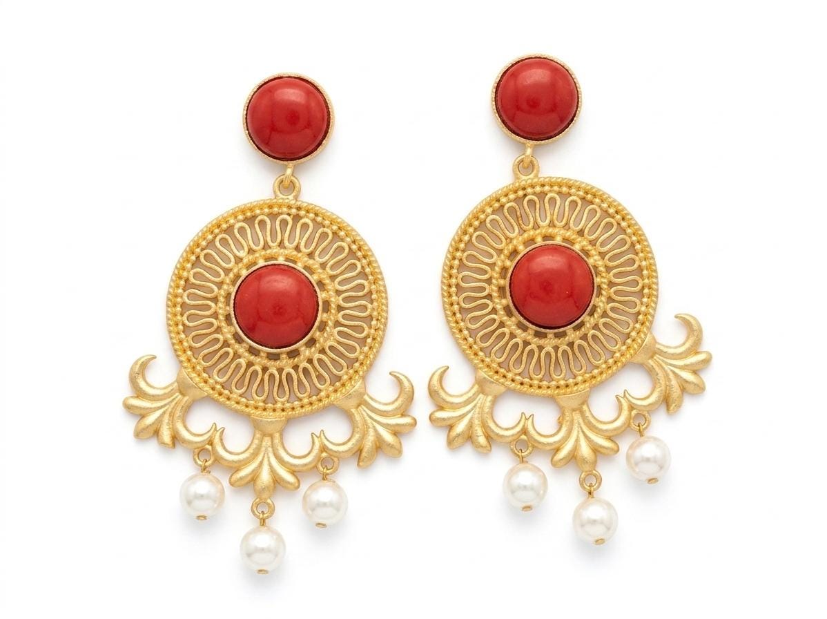Red Coral Lotus Chandelier Earrings with Tiny Pearls, Geometric Dangle Studs