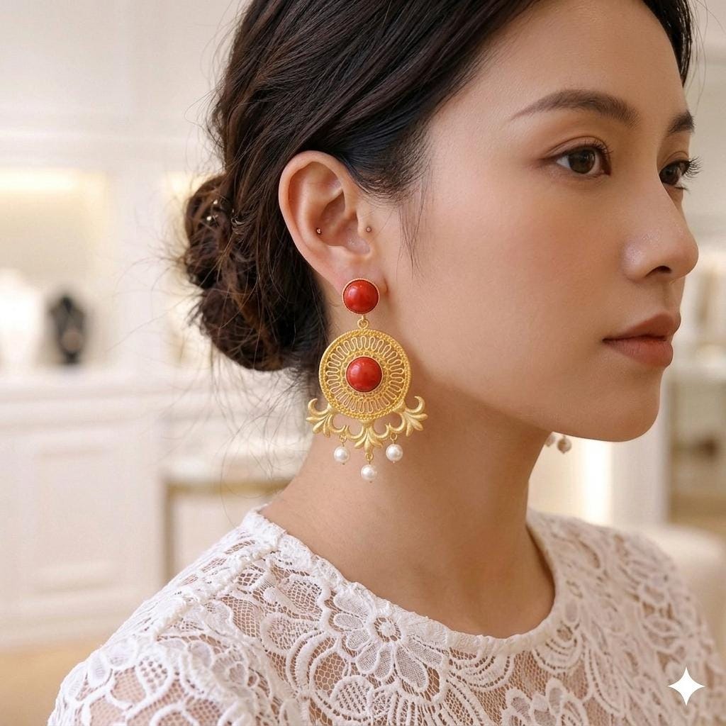 Red Coral Lotus Chandelier Earrings with Tiny Pearls, Geometric Dangle Studs