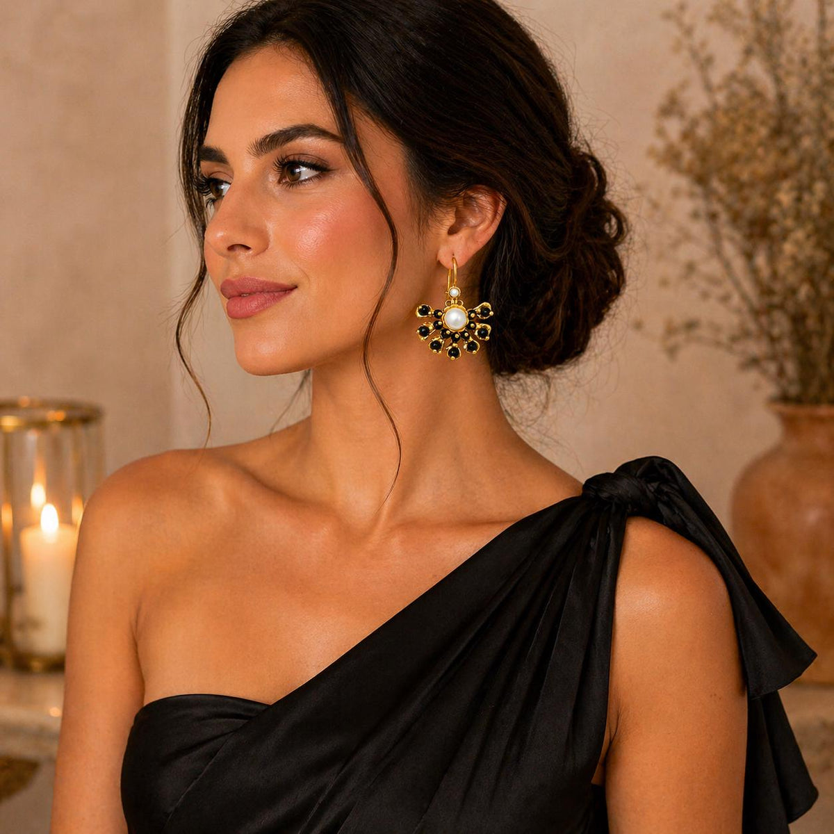 Ottoman Style Chandelier Earrings – Black Agate, Pearl, Gold Plated Brass