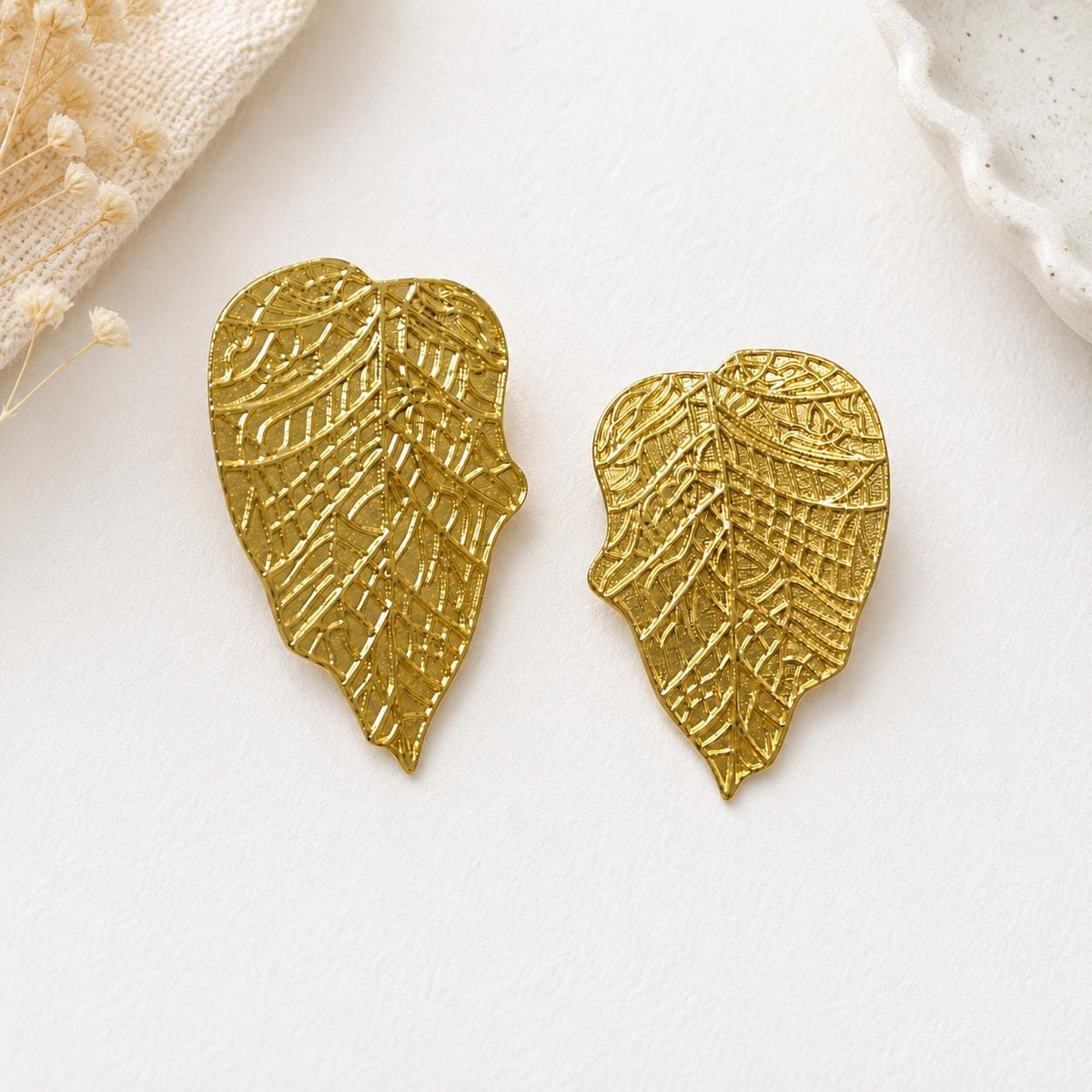 Elegant Gold Plated Brass Leaf Earrings - Hypoallergenic Dainty Stud Posts - Gift Packaging Included