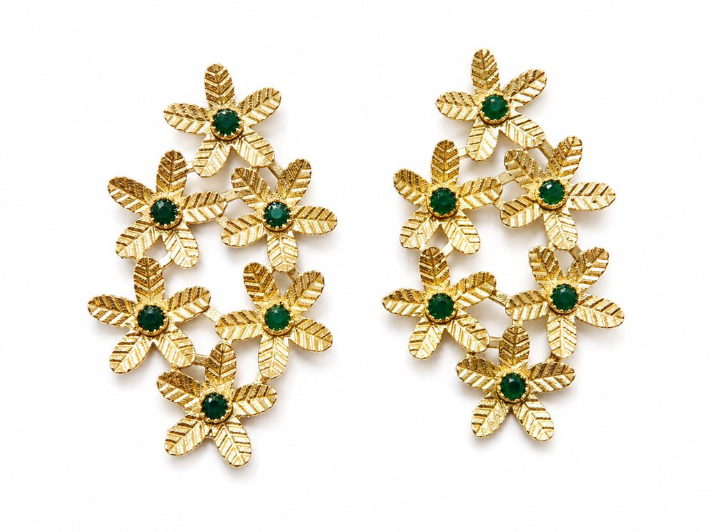 Green Jade Gold Flower Earrings, Brass Dangle Studs
