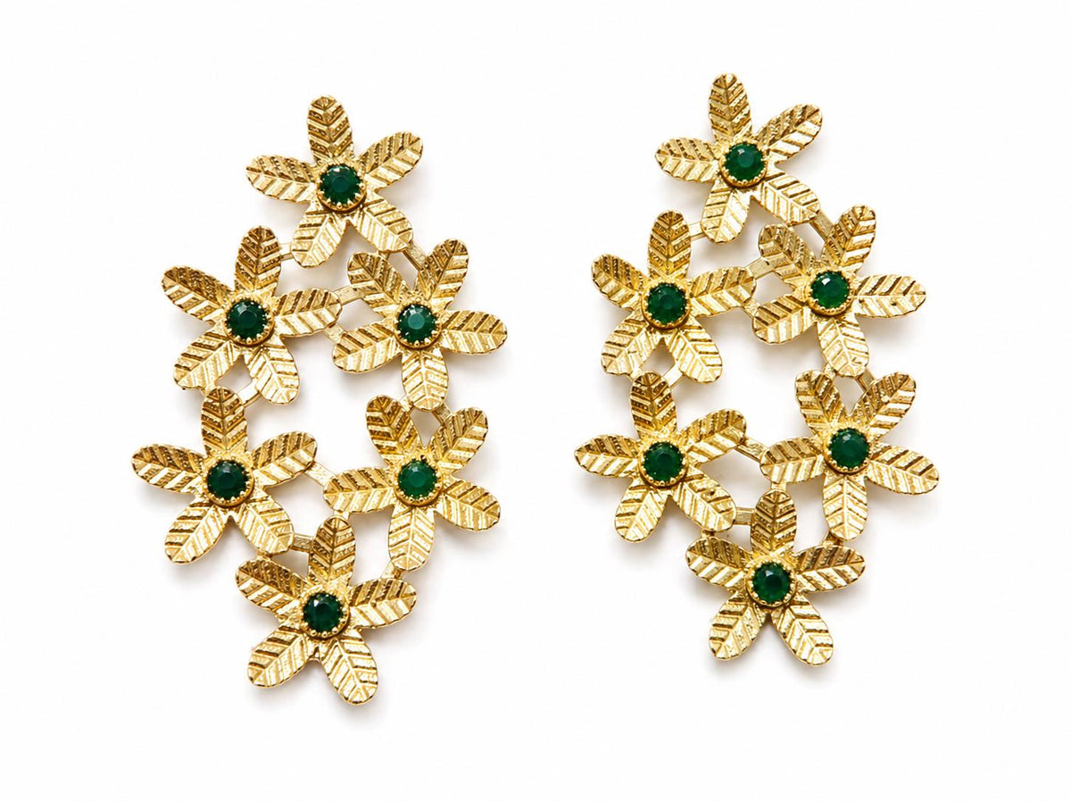 Green Jade Gold Flower Earrings, Brass Dangle Studs