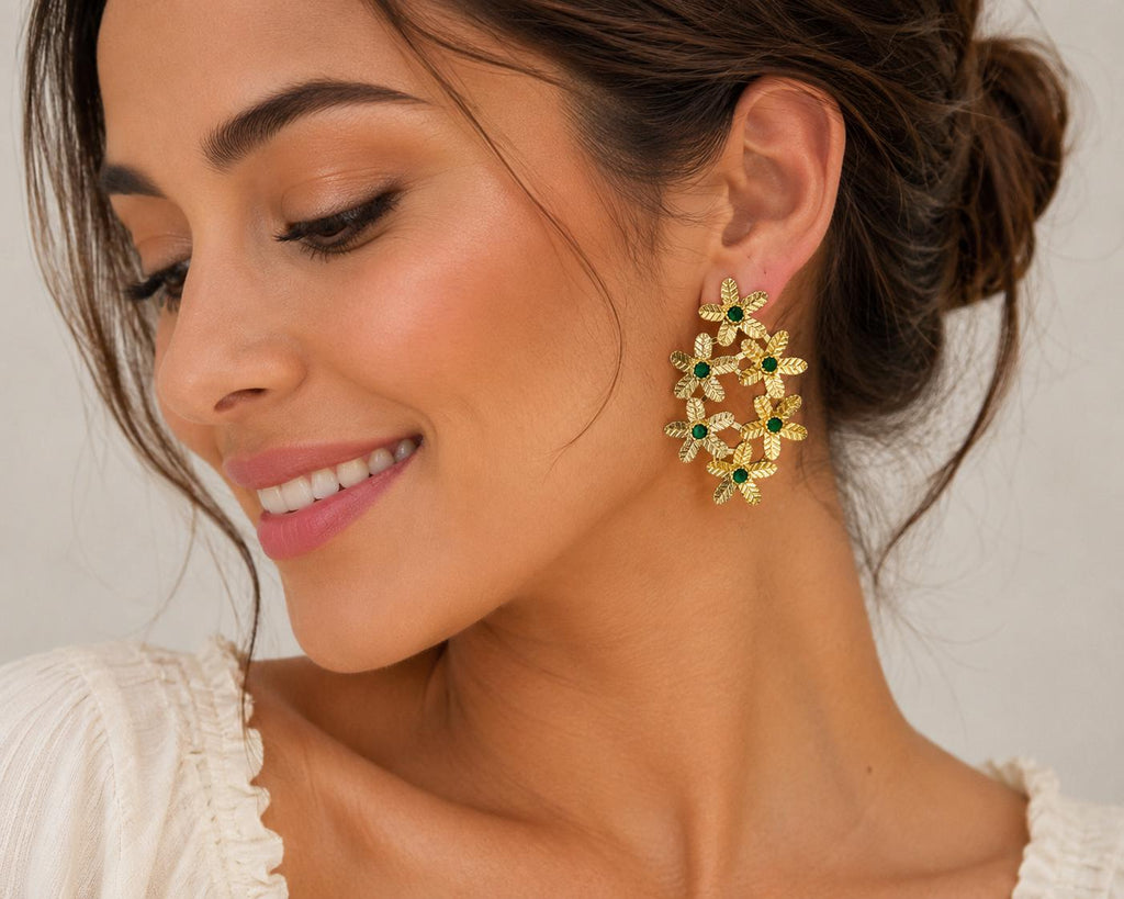 Green Jade Gold Flower Earrings, Brass Dangle Studs