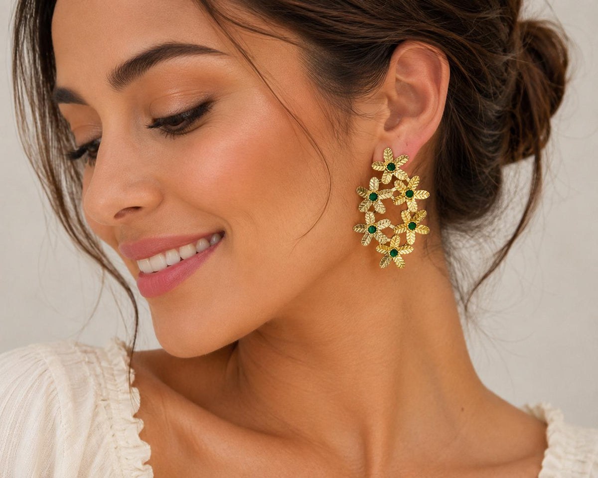 Green Jade Gold Flower Earrings, Brass Dangle Studs