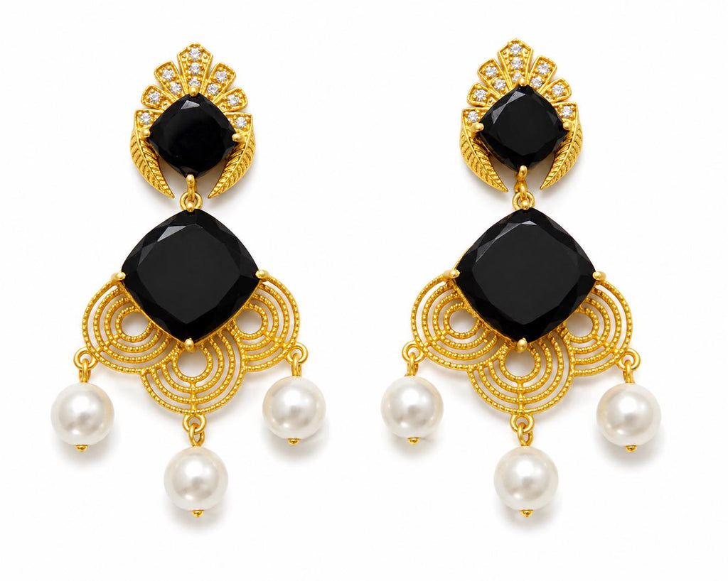 Gold Plated Black Agate Pearl Chandelier Earrings, Ottoman Art Deco Style