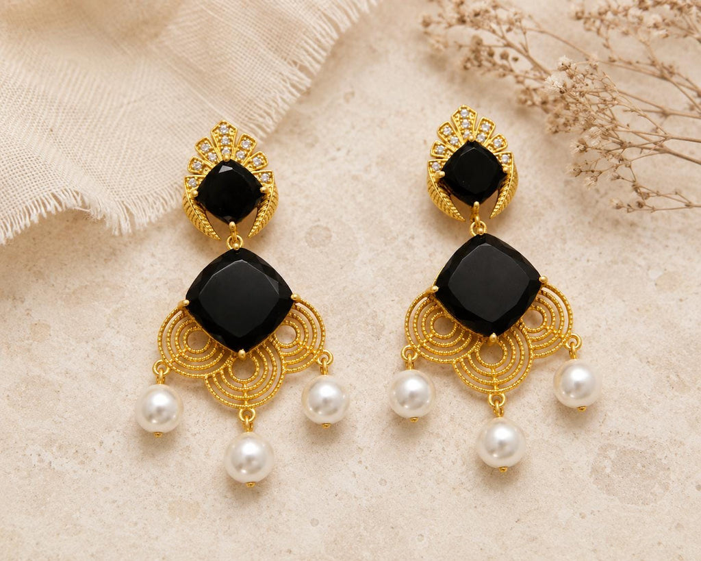 Gold Plated Black Agate Pearl Chandelier Earrings, Ottoman Art Deco Style