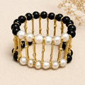 Turkish Gold Plated Bracelet with Black Agate and Pearls – Adjustable Cuff Style