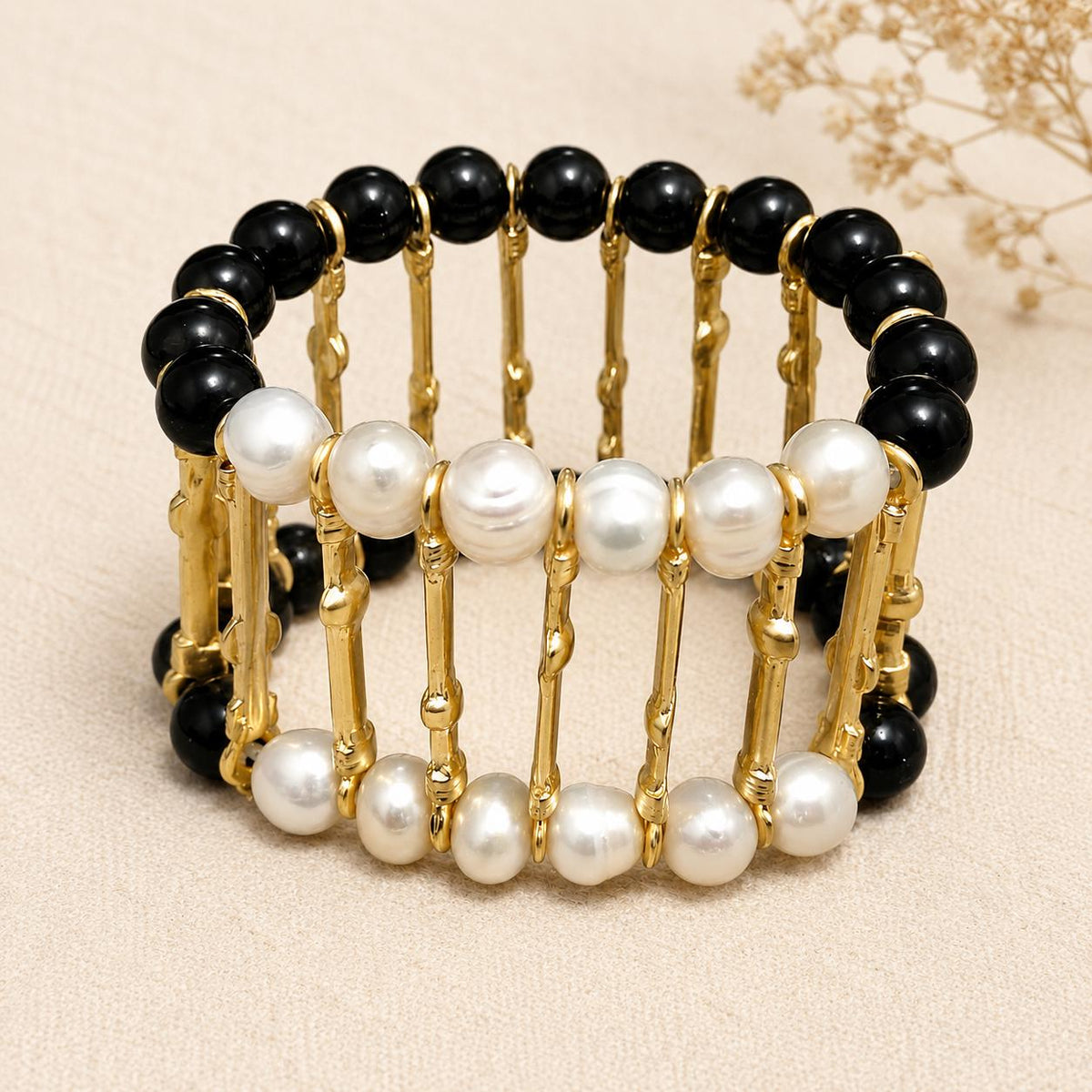 Turkish Gold Plated Bracelet with Black Agate and Pearls – Adjustable Cuff Style