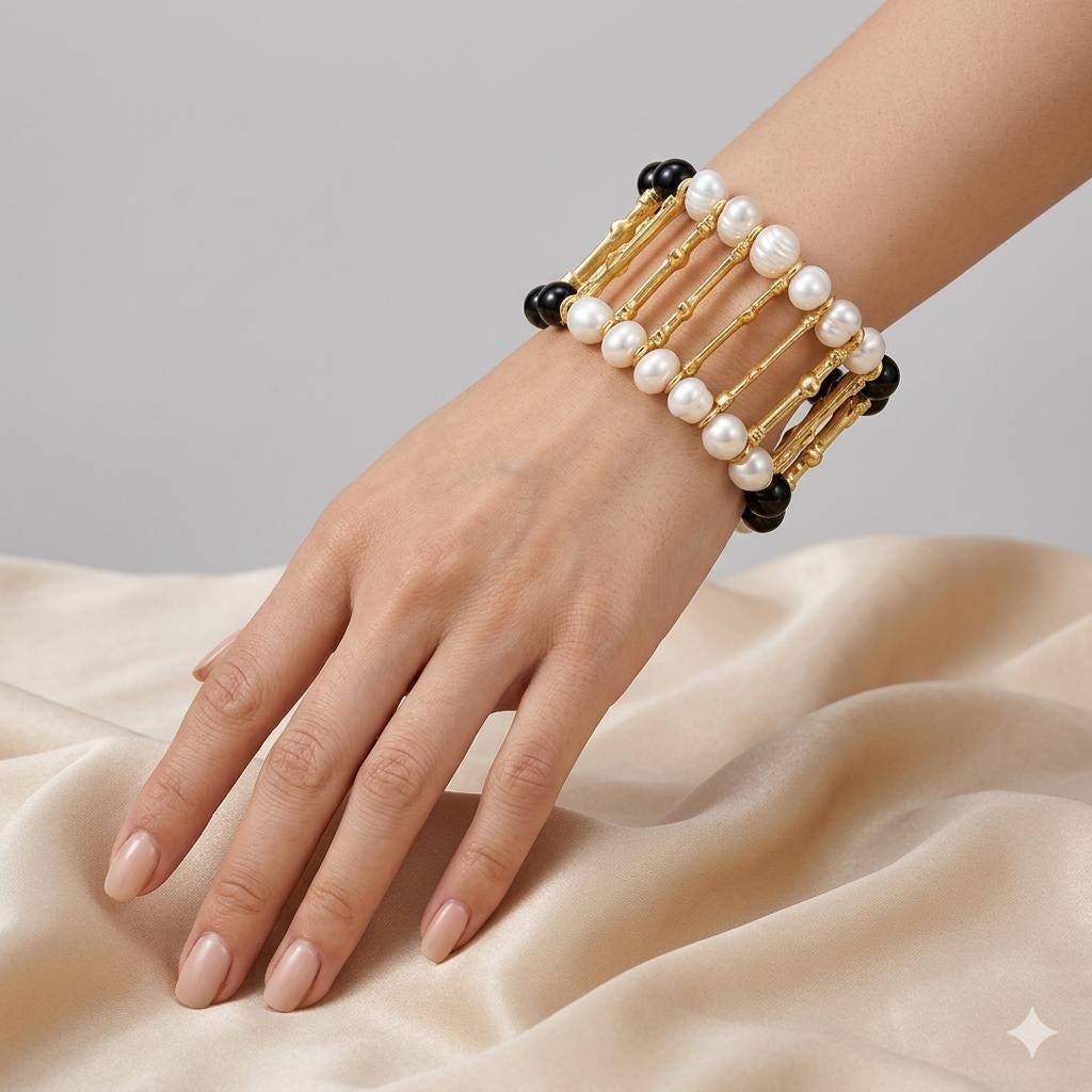 Turkish Gold Plated Bracelet with Black Agate and Pearls – Adjustable Cuff Style