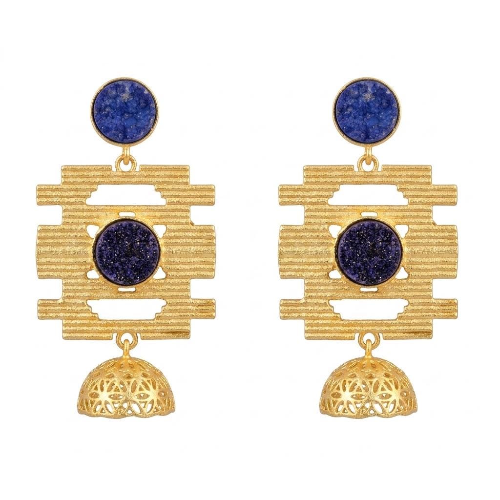Hammered Gold Plated Jhumka Earrings – Blue Purple Druzy Chandelier Dangles