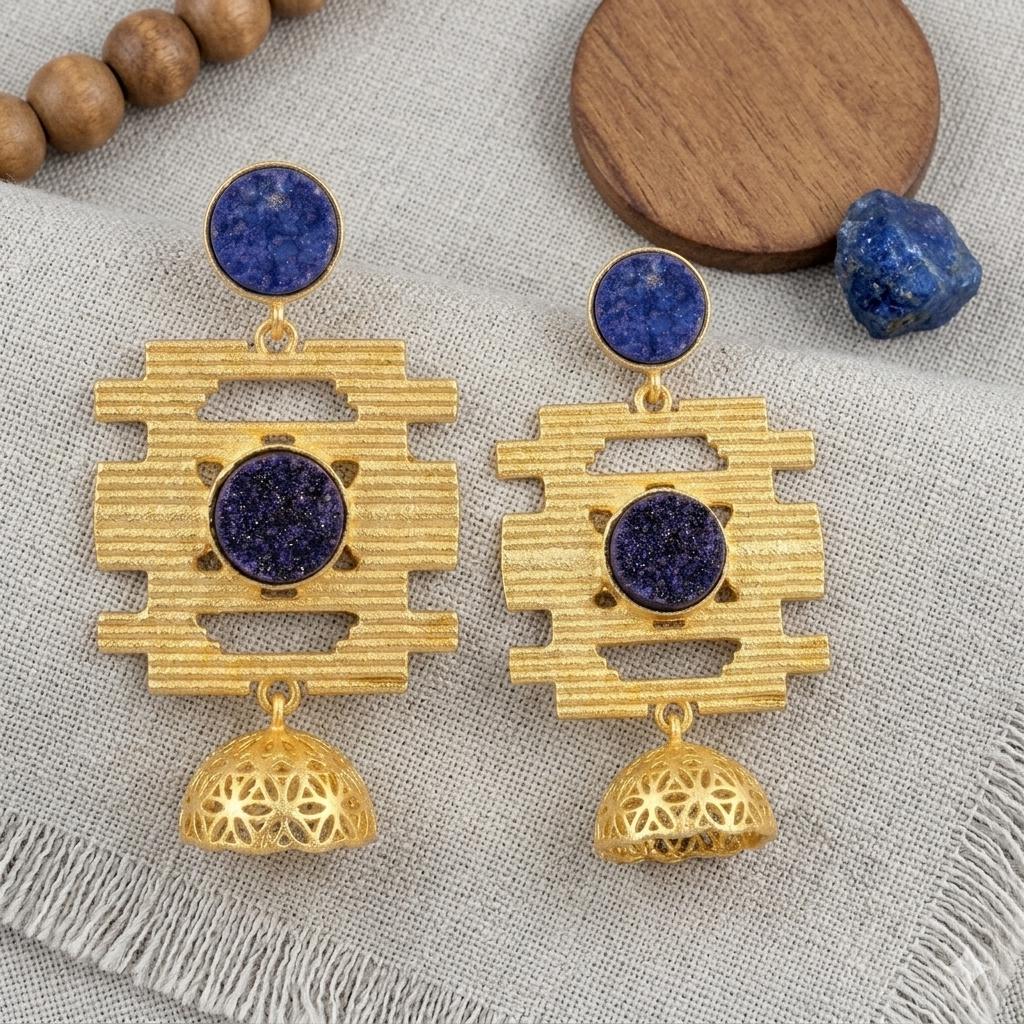 Hammered Gold Plated Jhumka Earrings – Blue Purple Druzy Chandelier Dangles