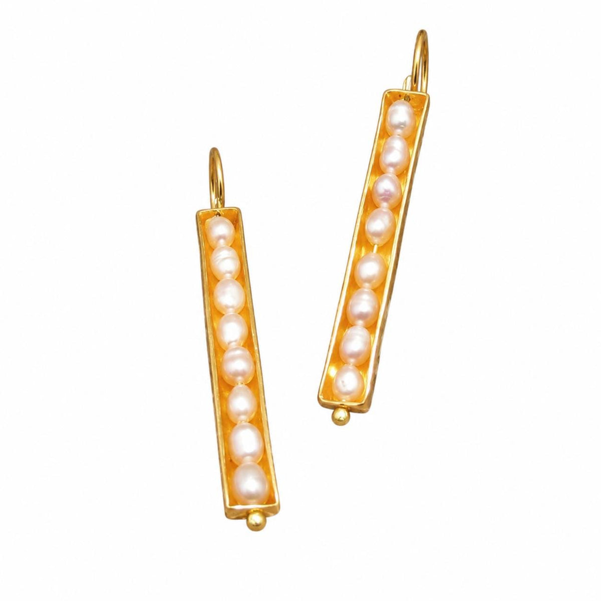 Seeds Pod Pearl Hook Earrings, Gold Plated Bronze, Boho Chic Style