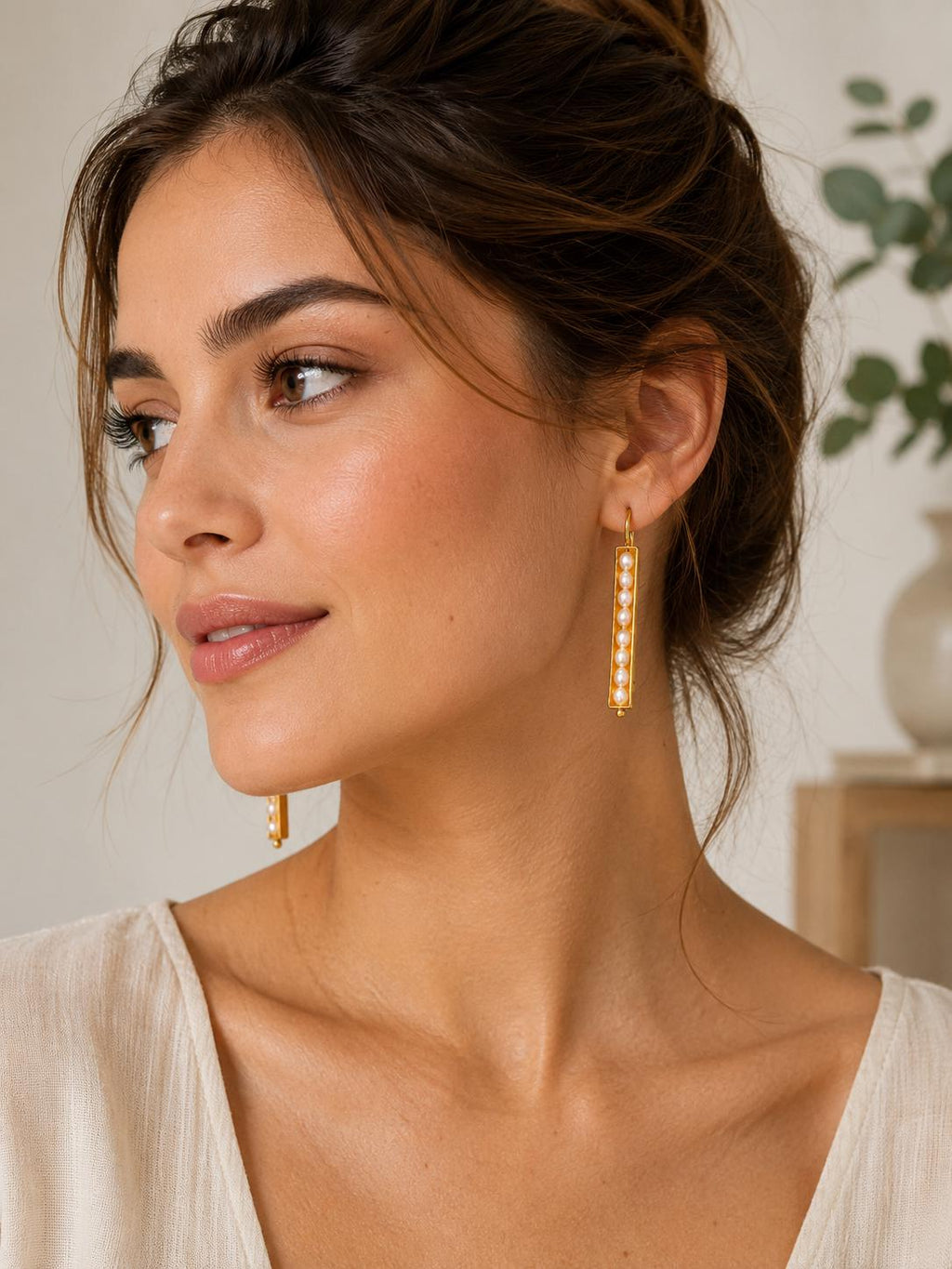 Seeds Pod Pearl Hook Earrings, Gold Plated Bronze, Boho Chic Style